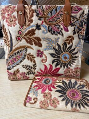 Spartina 449 Cream Canvas Tote & Wallet with Multicolor Floral Embroidery